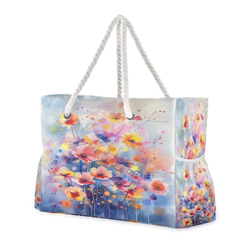 Colorful Watercolor Painting Beach Bag with Top Zipper Closure, Waterproof Pool Bag, Large Beach Tote for Women#251