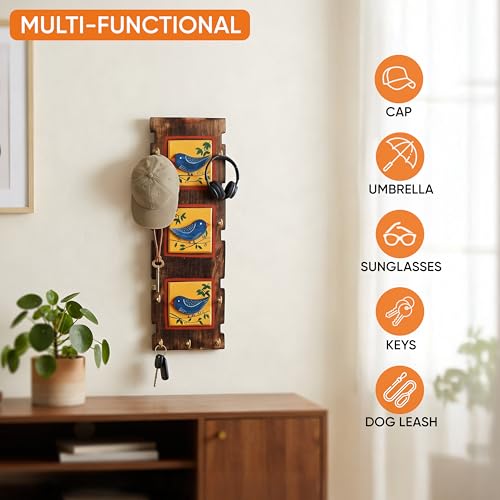 Image of AAKRITI ART CREATIONS Key Holder, Love Birds Key Holder with Key Hangers | Rustic Wooden Wall Organizer with 9 Hooks | New Home Gifts | Multifunctional Entryway Decor Item