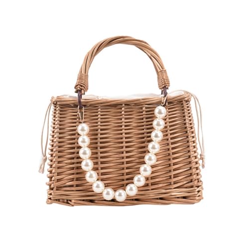 LALADEFIEE Bolso de Paja para Mujer Diseño de Perlas, Portátil y Práctico, Apertura Grande y Cuerda de Ajuste para Viajes al Aire Libre y Compras