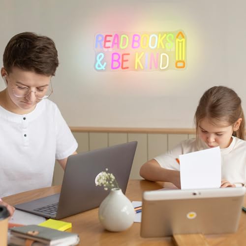 Image of WLHOPE Read Books Be Kind Neon Sign Neon Signs for Wall Decor Dimmable Read Books Neon Lights LED Sign for Book Lovers Gifts Bedroom Bookstore Reading Room Library Study Room Decoration