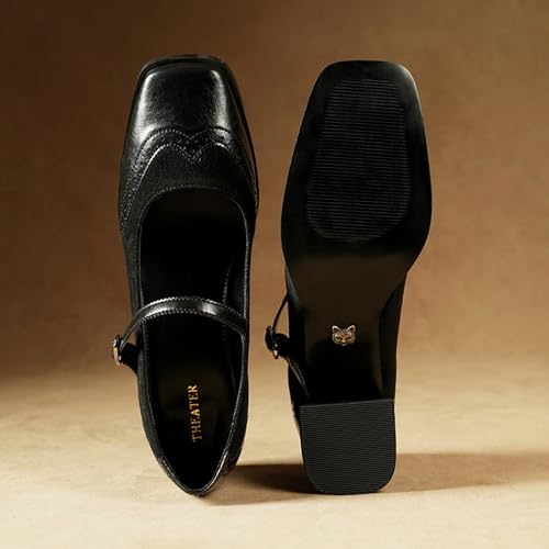 Image of Theater Duchess Mary Jane Heels for Women | Vintage-Inspired Square Toe Block Heels with Brogue Detailing | Classic Formal Pumps