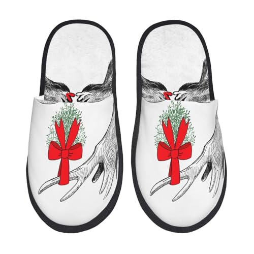 Moose Kissing Under Mistletoe Print Women Slippers Home Furry Shoes Keep Men Couples Shoes Warm For Women-