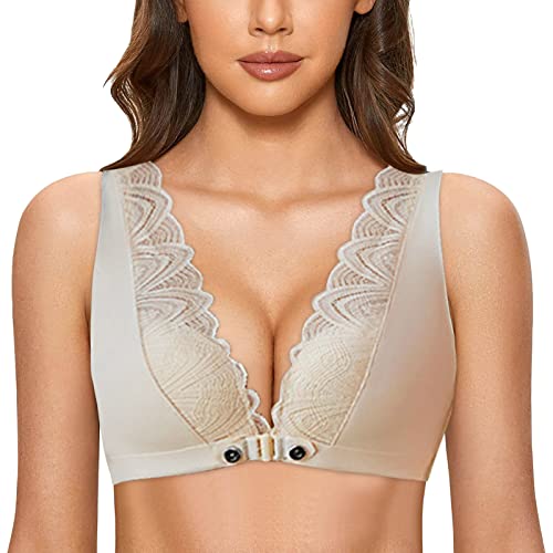SHITOUJI Soutien-gorge sans couture pour femme avec boutons sur le devant et soutien-gorge push-up sexy sans couture, beige, 100B Cover