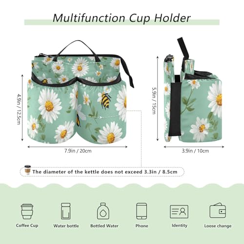 Image of Luggage Cup Holder for Suitcases Free Hands Suitcase Cup Holder Travel Luggage Drink Holder Portable Luggage Cup Caddy Bag Carrier with Handle Mint Green Daisy Flowers and Bees