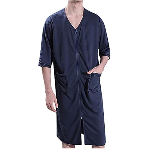 baskuwish Men's Robe Bathrobe Long Zip Up Lounger Lightweight Housecoat Long Sleeve Spa Robe Loungewear With Pockets Navy Cover