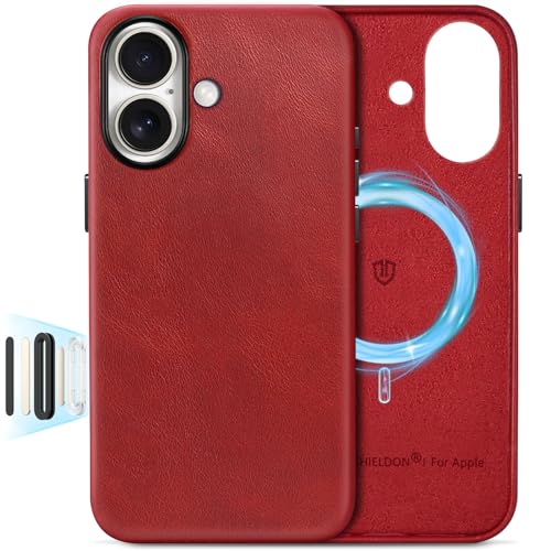 Image of SHIELDON Genuine Leather Case for iPhone 17 6.3 inch 2025, Retro Red | Compatible with MagSafe, Magnetic Wireless Charging, Camera Button, Metal Buttons, Camera Bezel, Slim, Shockproof, Women Men