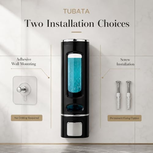 Image of Wall-Mounted Soap Dispenser 400ml with Adhesive Hook, No-Drill ABS Plastic Dispenser for Kitchen, Bathroom, Hand Wash, Shower Gel, Sanitizer Capsule Design Black