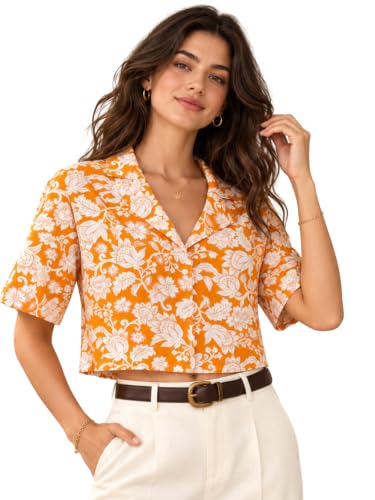 Image of Leriya Fashion Women Short Sleeve Crop Shirt | Notch Cuban Collar Front Button-Up Top | Floral Block Print Pattern Matte Texture Blouse | Casual Regular Fit Ladies Midriff Holiday Comfort