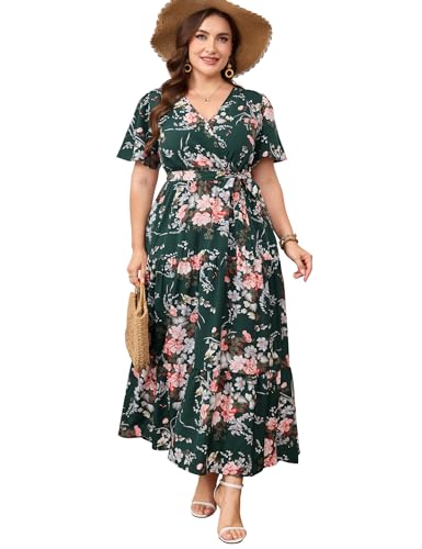 Image of ShopWonder Womens Plus Size V Neck Wrap Maxi Dress High Waist Ruffle Summer Casual Dress with Belt