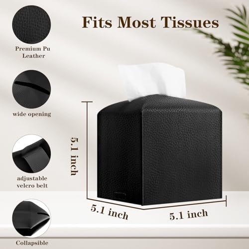 6-Pack Square Tissue Box Cover Holder, Black PU Leather Decorative Covers for Living Room, Bathroom, Office & Car by VZZNN - Image 3