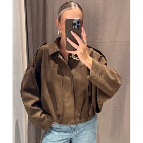 Women's Faux Suede Bomber Jacket Oversized Pilot Coats Fall Lapel Zip Up Motorcycle Streetwear Outerwear - Image 3