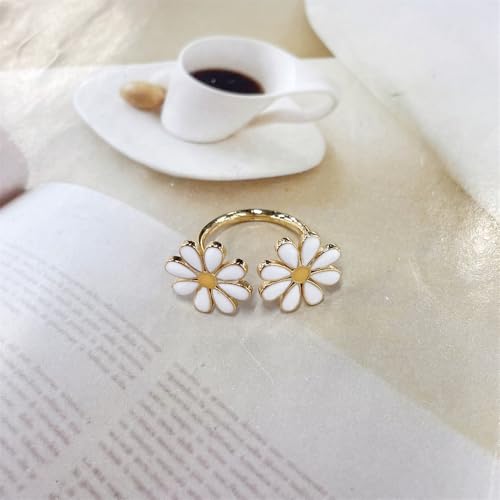 Double Daisy Flower Adjustable Open Ring for Women Dainty Cute 14k Gold Plated White/Pink Enamel Hypoallergenic Floral Expandable Statement Finger Rings Comfort Fit Dainty Trendy Jewelry Gifts (White) by NewZenro - Used condition - Image 4