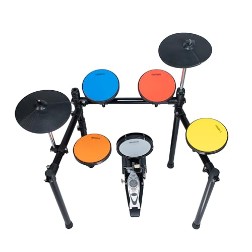 Image of Silent Practice Drum Kit - Plus with Protective Edge Guards | 4 Color-Coded Mute Pads, Muted Hi-Hat & Cymbal | Includes Kick Pad, Pedal & Drum Rack | Drum Set for Beginners & Home Practice