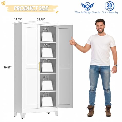 Image of GAIOUS 71 inch Tall Metal Storage Cabinet with 2 Doors and 4 Adjustable Shelves, Kitchen Pantry Cabinet White Freestanding Cupboard, 5 Tier Multifunctional Steel Storage for Office, Kitchen, Dining Room