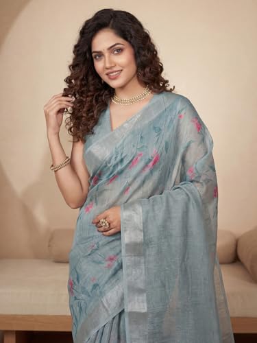 Image of AKHILAM Women's Floral Printed Handloom Cotton Silk Saree with Zari Border and Tassel Pallu Unstitched Blouse Piece | Traditional Ethnic Wear Sarees | Women saree silk | Festive Sari Women's