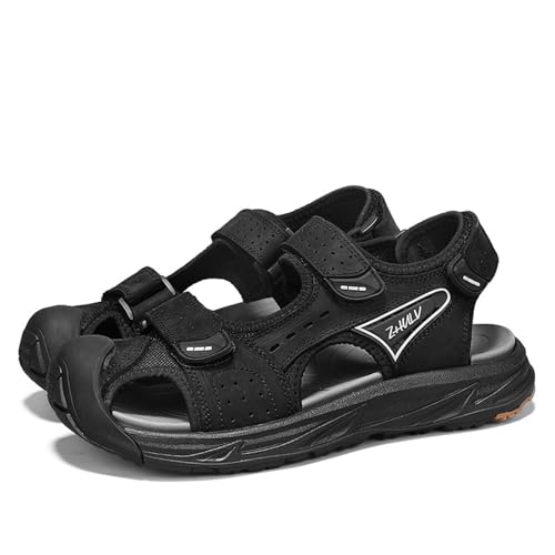 MILDSEVEN Fashion Men's Handmade Hiking Sandals, Large Size Real Leather Closed Toe Sandals, Outdoor Breathable Backpacking Beach Shoes,8.5,Black