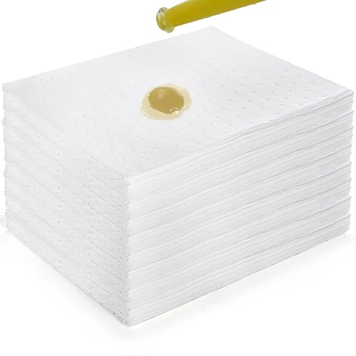 Image of Okllen 100 Pack Oil Absorbent Pads, Single Weight Dimpled Pad, Oil Spill Mat for Absorbing Protecting Home Garage Basement, 13 inchx10 inch, White