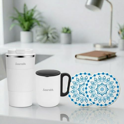 Image of Giftana 3 in 1 Personalized Tumbler with Coffee Mug 180ml & 2 Coasters - Customized Gift Set for Men & Women, Ideal for Husband, Father, Corporate Gifts for Employee (White 1)