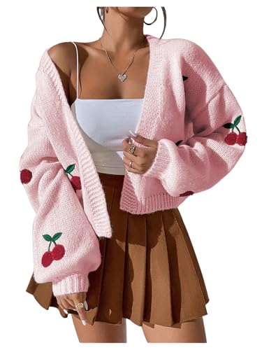 Image of GORGLITTER Women's Cherry Cropped Cardigan Sweaters Open Front Long Sleeve Cute Chunky Knit Short Cardigan Trendy