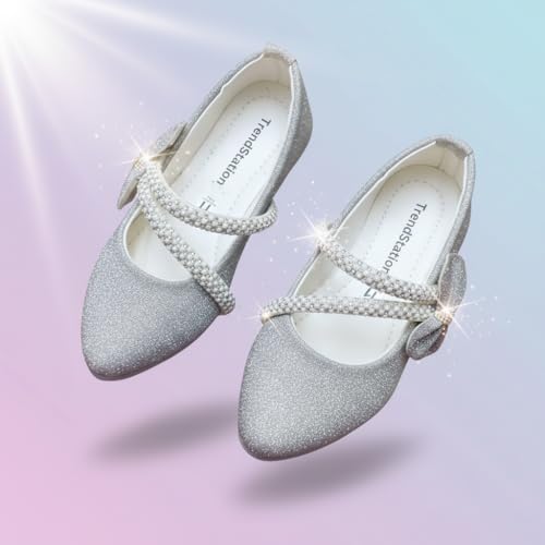 Image of Girls' Patent Mary Jane Shoes with Floral Embellishment, Attractive Colour's, Pearl Flower Welcro Glittery Bellies