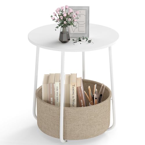 COSTWAY Mesa Auxiliar, Mesa Redonda de 2 Niveles con Cesta de Almacenamiento de Tela, Mesita de Noche Pequeña Moderna para Salón, Dormitorio, Oficina, Estilo Moderno, 45 x 45 x 50.5 cm (Blanco)