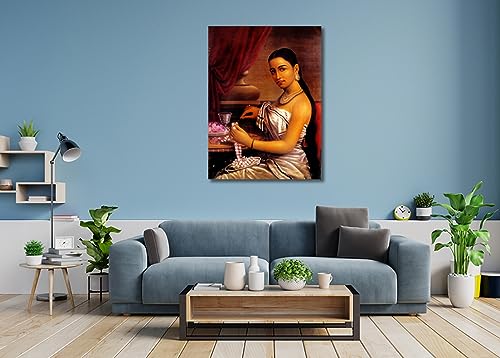Image of Sikhash Raja Ravi Varma Canvas Paintings Classic Art, Indian Art, Famous Artist, Wall Painting for Living Room, Bedroom, Office, Unframed, Multicolor Fabric Size - 12x9 inches (30x23 cms, Lady Making garland)