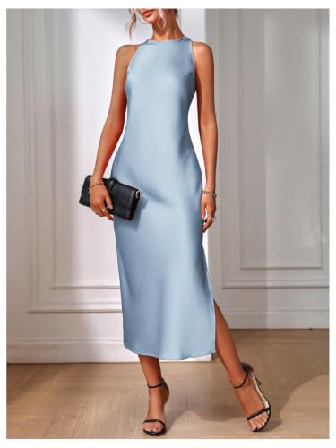 Image of Floerns Women's Elegant Crew Neck Maxi Slit Cocktail Tank Wedding Dress | Boat Neck, Side Slit, Long, Party, Cocktail, Formal, Rehearsal Dinner Guest Midi Dress