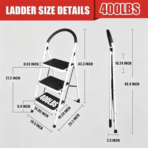 Image of Torin 3 Step Ladder, Folding Lightweight Step Stool with Anti-Slip Pedal & Comfortable Handle, for Home, Garden, Household, Offices, 400lbs Capacity