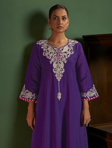 Image of Arangya Chanderi Embroidere Kurta Set with Dupatta for Women l Elegant Ethnic Wear with Intricate Neck Work Festive Suit