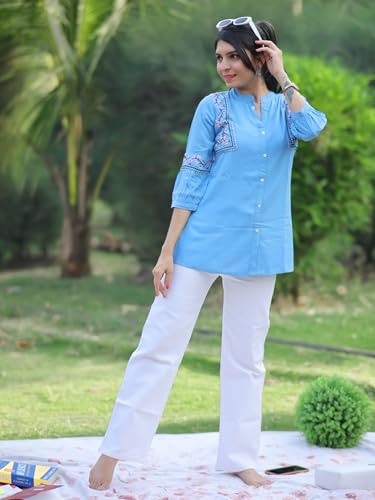 Image of Women's Viscose Rayon Embroidered A-Line Short Kurti Above Knee Regular Fit Tunic Top Office Wear Casual short kurti for women | office wear top | A-line kurti | raksha bandhan gift dress for women