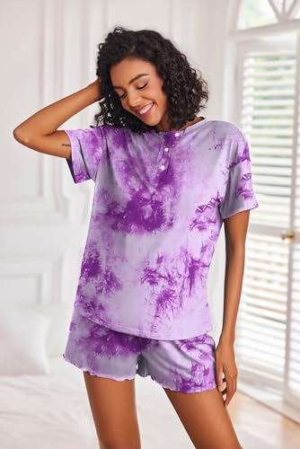 Image of Ekouaer Pajamas Set for Women Short Sleeve Lounge Set 2 Piece Loungewear PJs Soft Cute Lightweight Sleepwear,Medium