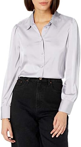 The Drop Women's @Lucyswhims Long-Sleeve Button Down Stretch Satin Shirt, Silver Cloud, Medium