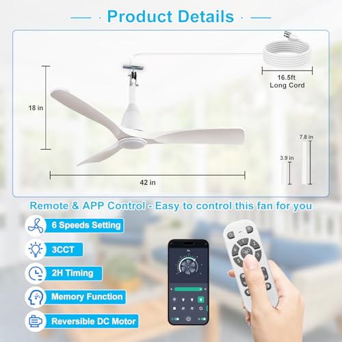 Image of Depuley Outdoor Ceiling Fan with Lights: 42 inch White Gazebo Fans Outdoor Hanging with Remote APP Control - Plug in Waterproof Fans with Light for Patio Porch Reversible White Blades 3CCT 6 Speeds Timer
