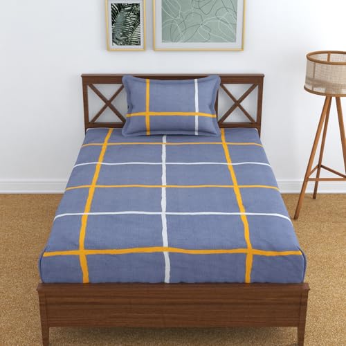 Image of KAWI Glace Cotton Single Bedsheet Elastic Fitted Glace Cotton Heart Print with 1 Pillow Cover,200 TC (Size 72X48X up to 6 Inches Mattress) - Light Blue Print
