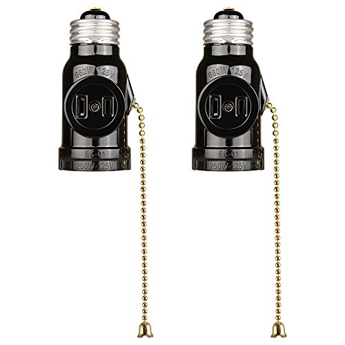 Onite E26 to 2 Outlet Socket Adapter, Light Holder Splitter, Pull Chain (5.11inch) Switch Black, 2-Pack - Thumbnail 2