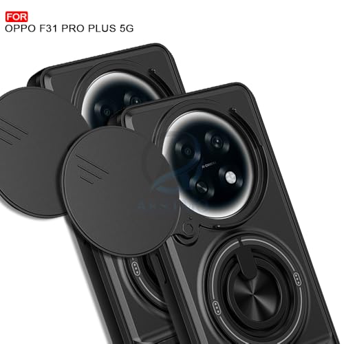 Image of AESTMO Oppo F31 Pro Plus 5G Back Cover | Armor Camera Slider 360 Degree Rotating Finger Ring Holder Case with Bracket Stand Back Case Cover (Compatible with MagSafe Accessories) (Black)