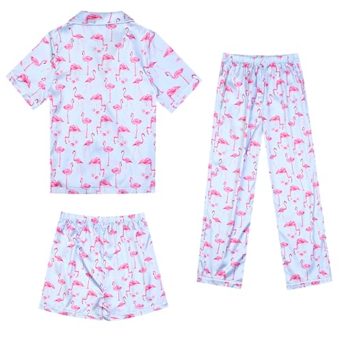 QPANCY Kids Satin Pajamas Sets Boys and Girls Silk Button Down 3 Pieces Pjs Silky Loungewear Clothes Set2