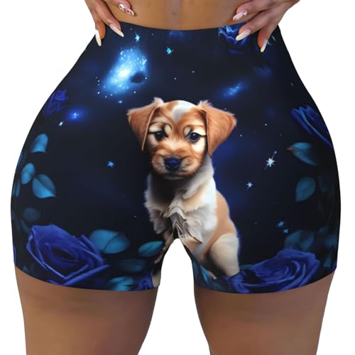 Puppy Blue Rose Pattern Sports Shorts, high Elastic Slim Fitness Pants, Suitable for Yoga/Leisure/Daily wear