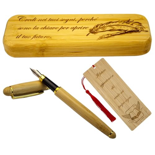 Penna Stilografica Elegante con Segnalibro in Legno – Idee Regalo Uomo e Donna，Regali di laurea o compleanno per una persona cara， con Frasi Motivazionali，Scatola in Legno di Bamboo