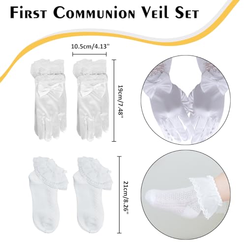 6 Pcs First Communion Veil Set - First Communion Veil for Girls, 1st Communion Veil Bow Veil, White Gloves and Socks Rosary Necklace Bracelet First Communion Hair Accessories for Girl Catholic2