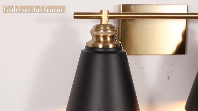Image of 16-Inch 2-Light Black and Gold Farmhouse Bathroom Vanity Light | Metal shades, white interiors, 2 E26 sockets (60W max, no bulbs), dimmable, ETL listed, hardware, for mirror & bedroom