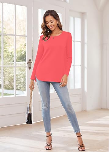 Image of Herou Women's Casual Long /Short Sleeve T Shirt Crewneck with Side Split Fall Pullover Loose Tunic Sweater Tops
