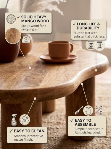 Image of Solid Mango Wood Coffee Table for Living Room | Handcrafted Wooden Center Table with Organic Freeform Top and Sturdy Pedestal Base | Natural Wood Finish | Modern Accent Table