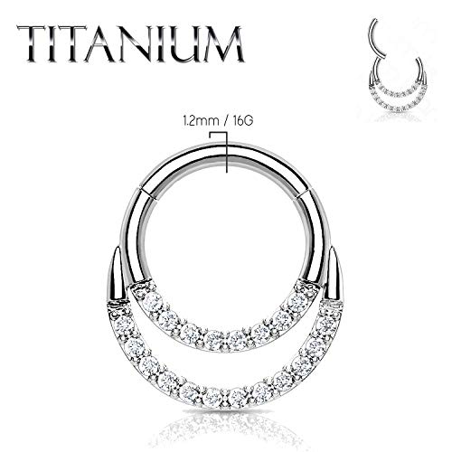 Bodyj4You Piercing Ring 16G Hinged Clicker Hoop Implant Grade Titanium Double Lined Paved Cz Gem Septum Nipple Daith #TOP1