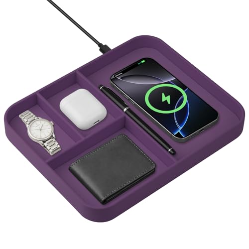 VOVIPO Faux Leather Valet Tray,with 2 in 1 Wireless Charging Compitable With iPhone/17/16/15/15 Plus/15 Pro/15 Pro Max/14/13/12/Wireless earphones,Office/Home Desk Organizers Tray-Purple