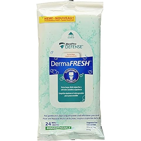MedPro Defense Dermafresh Flushable Biodegradable Personal Wet Wipes, 9" x 12" Each Wipe, Soft and Thick, with a Gentle Cleansing Solution, Larger than Most Wipes, 24 Wipes Per Pack Cover