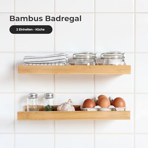 danhol® Badregal | Ohne Bohren (Selbstklebend) | Wandregal ohne Bohren für Badezimmer Küche Wohnzimmer | Kleberegal Bad aus Bambus | 2 Einheiten