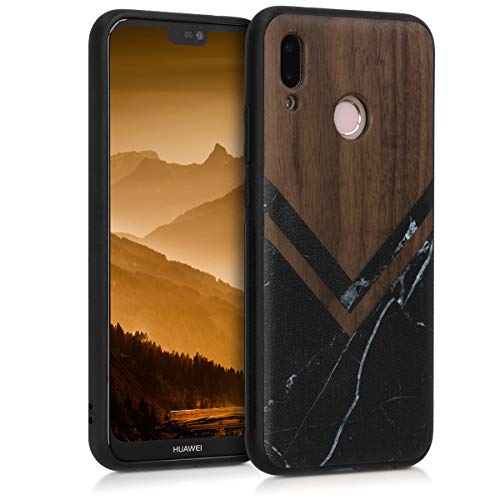 kwmobile Carcasa Compatible con Huawei P20 Lite - Funda de Madera de Nogal con Bumper de Silicona Madera y mármol