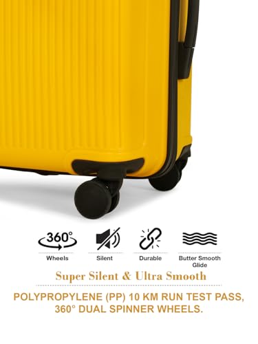Image of Teakwood Meduim Size 8 Wheels Trolley Bag, Hard Cabin with Zipper Closure, Adjustable Push Button & Cross Side Strap, Number Lock System 360 Degree (Medium, Yellow)
