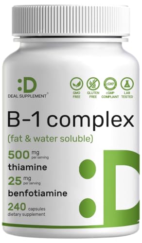 DEAL SUPPLEMENT Vitamin B1 500mg with Benfotiamine 240 Capsules 2 in 1 Enhanced Formula Fat & Water Soluble Thiamine B1 Supplement Third Party Tested Non-GMO No Gluten